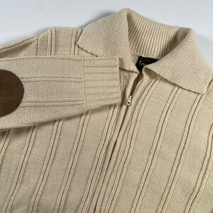 VTG 80s Lahmar XL Full Zip Cream Knit Cardigan Sweater Elbow Patches Made in USA